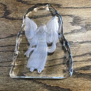 Vintage Nybro Sweden Crystal Angel Paperweight Frosted Intaglio Ice Block Glass